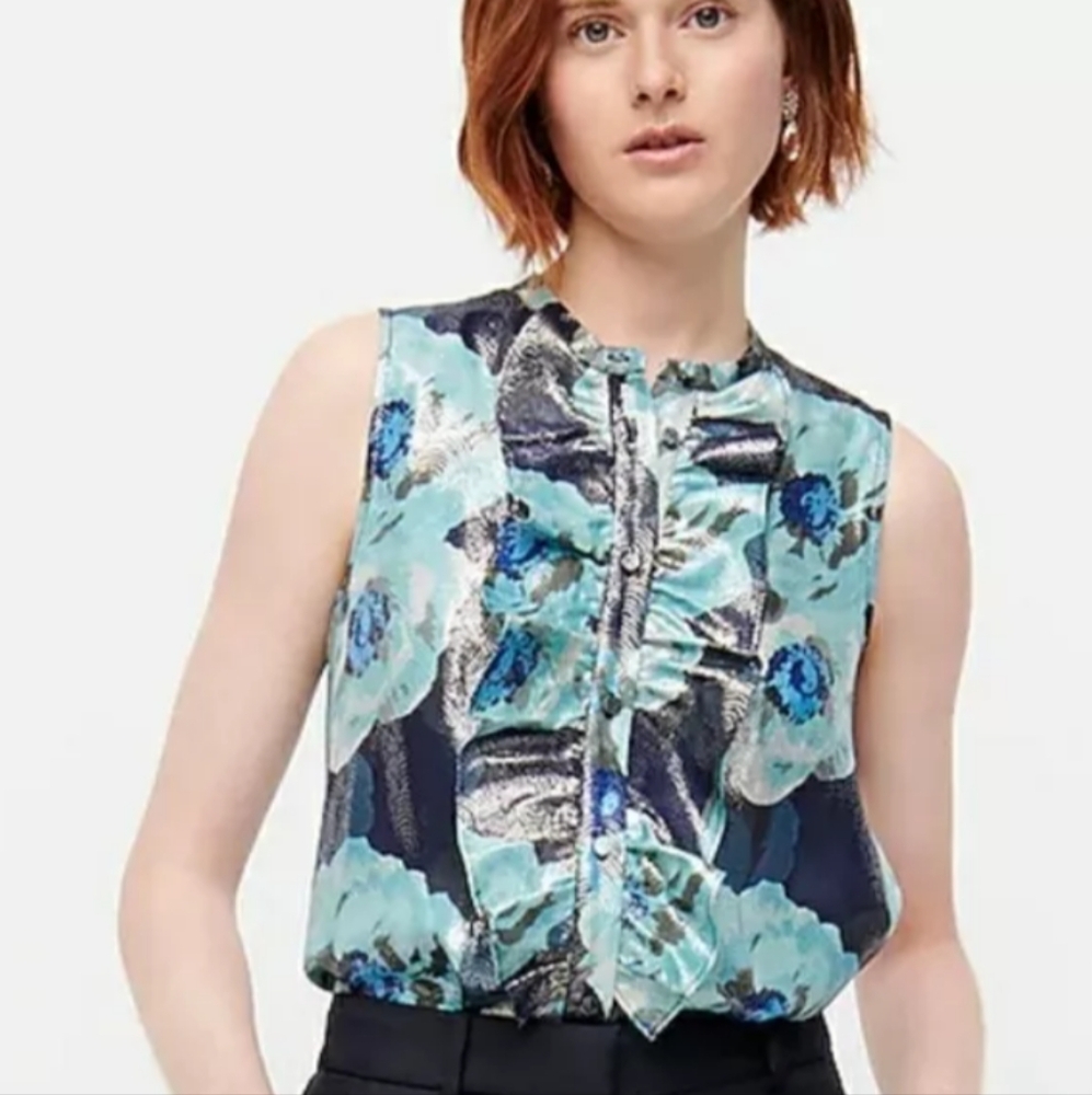 J. Crew Ruffle-front top in Floral-Print Jacquard | Sz L, Blue | NWT